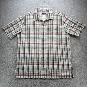 Patagonia Shirt Mens Large Brown Plaid Organic Cotton Worn Wear Short Sleeve